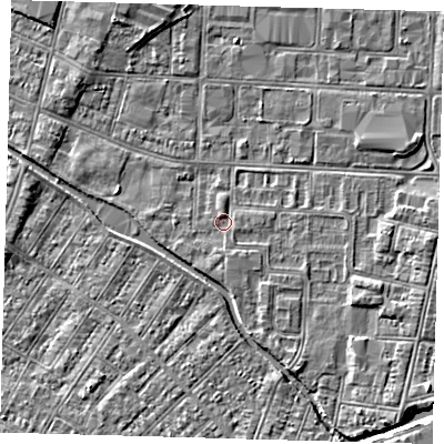 Shaded relief map of the ground around DN311TP, computed from Environment Agency LiDAR. The ground here sits at about 3 m above sea level and falls 3 m across the surrounding 800 m. Surface water reaching this point runs off ground lying to the south-east, 1.9 m higher.