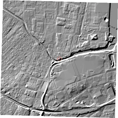 Shaded relief map of the ground around DN311TQ, computed from Environment Agency LiDAR. The ground here sits at about 4 m above sea level and falls 9 m across the surrounding 800 m. Surface water reaching this point runs off ground lying to the south-south-west, 6.4 m higher.