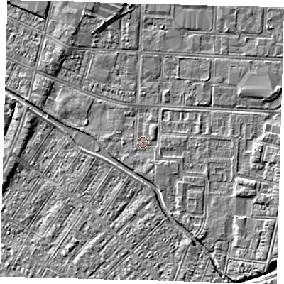 Shaded relief map of the ground around DN311TR, computed from Environment Agency LiDAR. The ground here sits at about 3 m above sea level and falls 3 m across the surrounding 800 m. Surface water reaching this point runs off ground lying to the south-south-east, 0.8 m higher.