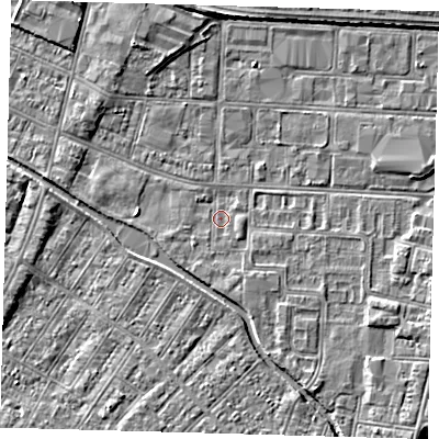 Shaded relief map of the ground around DN311TS, computed from Environment Agency LiDAR. The ground here sits at about 3 m above sea level and falls 3 m across the surrounding 800 m. Surface water reaching this point runs off ground lying to the south-east, 2.3 m higher.