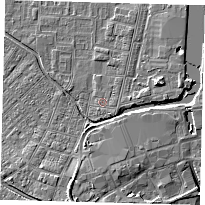 Shaded relief map of the ground around DN311TT, computed from Environment Agency LiDAR. The ground here sits at about 4 m above sea level and falls 9 m across the surrounding 800 m. Surface water reaching this point runs off ground lying to the south-east, 0.9 m higher.