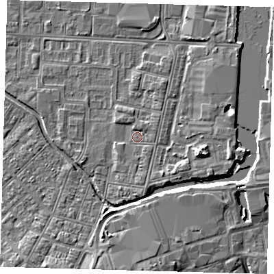 Shaded relief map of the ground around DN311TX, computed from Environment Agency LiDAR. The ground here sits at about 4 m above sea level and falls 6 m across the surrounding 800 m. Surface water reaching this point runs off ground lying to the south, 1.3 m higher.