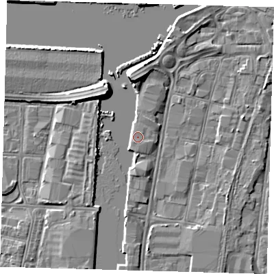 Shaded relief map of the ground around DN311TY, computed from Environment Agency LiDAR. The ground here sits at about 4 m above sea level and falls 7 m across the surrounding 800 m. Surface water reaching this point runs off ground lying to the west, 2.2 m higher.