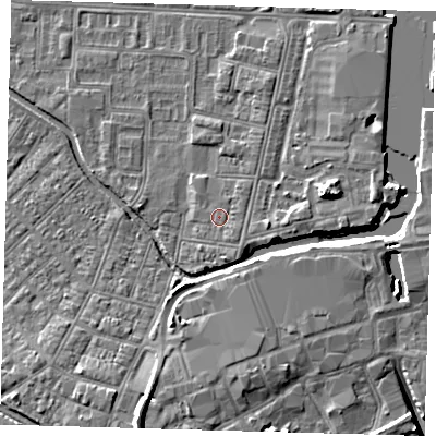 Shaded relief map of the ground around DN311TZ, computed from Environment Agency LiDAR. The ground here sits at about 4 m above sea level and falls 9 m across the surrounding 800 m. Surface water reaching this point runs off ground lying to the south-east, 0.7 m higher.