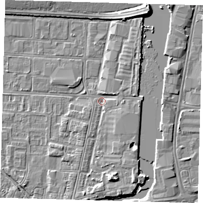 Shaded relief map of the ground around DN311UF, computed from Environment Agency LiDAR. The ground here sits at about 3 m above sea level and falls 7 m across the surrounding 800 m. Surface water reaching this point runs off ground lying to the south, 4.9 m higher.