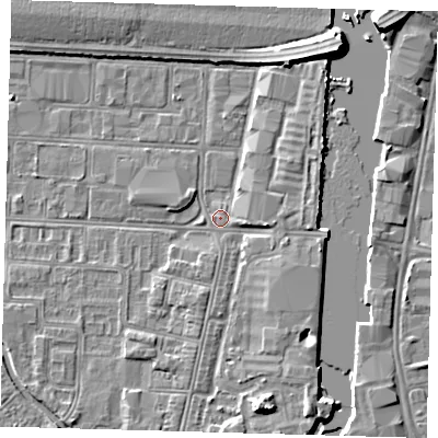 Shaded relief map of the ground around DN311UJ, computed from Environment Agency LiDAR. The ground here sits at about 3 m above sea level and falls 7 m across the surrounding 800 m. Surface water reaching this point runs off ground lying to the south-south-east, 4.9 m higher.