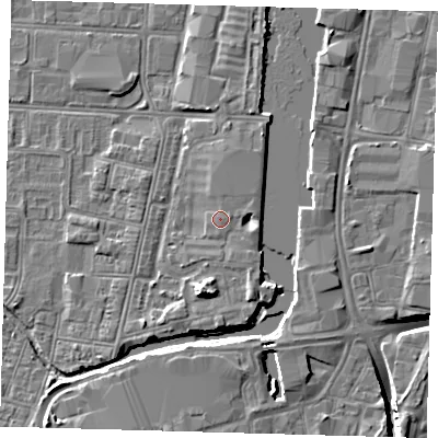 Shaded relief map of the ground around DN311UL, computed from Environment Agency LiDAR. The ground here sits at about 5 m above sea level and falls 10 m across the surrounding 800 m. Surface water reaching this point runs off ground lying to the east, 0.5 m higher.