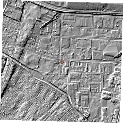 Shaded relief map of the ground around DN311UP, computed from Environment Agency LiDAR. The ground here sits at about 2 m above sea level and falls 3 m across the surrounding 800 m. Surface water reaching this point runs off ground lying to the south-south-east, 2.0 m higher.