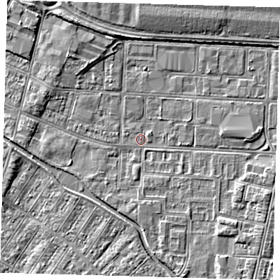 Shaded relief map of the ground around DN311UR, computed from Environment Agency LiDAR. The ground here sits at about 3 m above sea level and falls 3 m across the surrounding 800 m. Surface water reaching this point runs off ground lying to the east-south-east, 2.1 m higher.