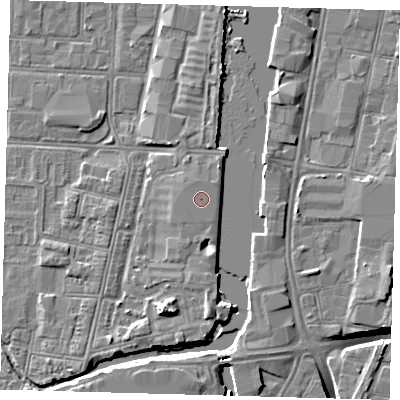 Shaded relief map of the ground around DN311UT, computed from Environment Agency LiDAR. The ground here sits at about 4 m above sea level and falls 10 m across the surrounding 800 m. The ground contributing surface water to this point lies to the north-north-west.