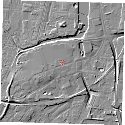 Shaded relief map of the ground around DN311UU, computed from Environment Agency LiDAR. The ground here sits at about 5 m above sea level and falls 13 m across the surrounding 800 m. Surface water reaching this point runs off ground lying to the west-south-west, 0.7 m higher.