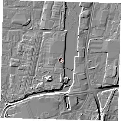 Shaded relief map of the ground around DN311UZ, computed from Environment Agency LiDAR. The ground here sits at about 3 m above sea level and falls 10 m across the surrounding 800 m. The ground contributing surface water to this point lies to the north-north-west.