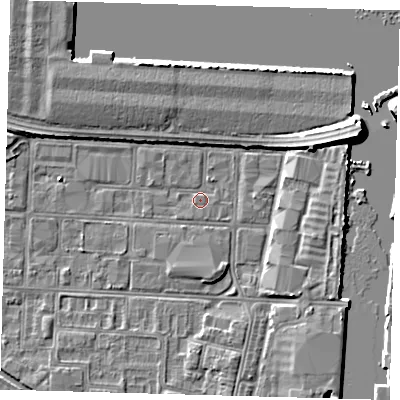 Shaded relief map of the ground around DN311XB, computed from Environment Agency LiDAR. The ground here sits at about 3 m above sea level and falls 7 m across the surrounding 800 m. Surface water reaching this point runs off ground lying to the east-north-east, 6.4 m higher.