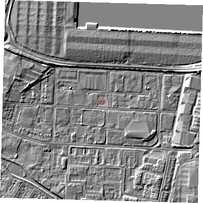 Shaded relief map of the ground around DN311XD, computed from Environment Agency LiDAR. The ground here sits at about 3 m above sea level and falls 4 m across the surrounding 800 m. Surface water reaching this point runs off ground lying to the east-north-east, 4.0 m higher.