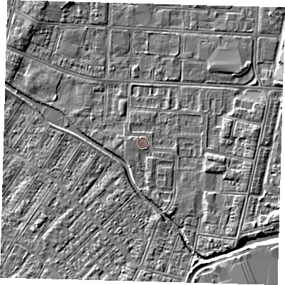 Shaded relief map of the ground around DN311XE, computed from Environment Agency LiDAR. The ground here sits at about 3 m above sea level and falls 4 m across the surrounding 800 m. Surface water reaching this point runs off ground lying to the south-east, 1.6 m higher.