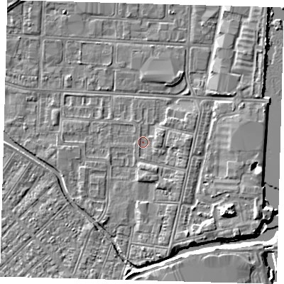 Shaded relief map of the ground around DN311XF, computed from Environment Agency LiDAR. The ground here sits at about 3 m above sea level and falls 6 m across the surrounding 800 m. Surface water reaching this point runs off ground lying to the east, 1.3 m higher.