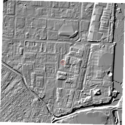 Shaded relief map of the ground around DN311XH, computed from Environment Agency LiDAR. The ground here sits at about 3 m above sea level and falls 6 m across the surrounding 800 m. Surface water reaching this point runs off ground lying to the east, 1.4 m higher.