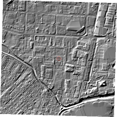 Shaded relief map of the ground around DN311XL, computed from Environment Agency LiDAR. The ground here sits at about 3 m above sea level and falls 6 m across the surrounding 800 m. Surface water reaching this point runs off ground lying to the south-south-east, 1.7 m higher.