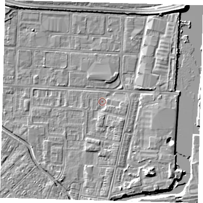 Shaded relief map of the ground around DN311XN, computed from Environment Agency LiDAR. The ground here sits at about 3 m above sea level and falls 7 m across the surrounding 800 m. Surface water reaching this point runs off ground lying to the south-east, 1.6 m higher.
