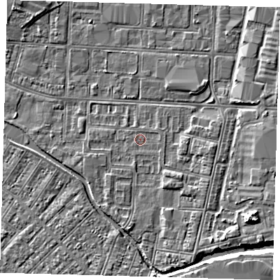 Shaded relief map of the ground around DN311XP, computed from Environment Agency LiDAR. The ground here sits at about 3 m above sea level and falls 6 m across the surrounding 800 m. Surface water reaching this point runs off ground lying to the south-south-east, 1.7 m higher.