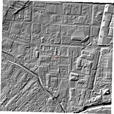 Shaded relief map of the ground around DN311XR, computed from Environment Agency LiDAR. The ground here sits at about 3 m above sea level and falls 6 m across the surrounding 800 m. Surface water reaching this point runs off ground lying to the south-south-east, 1.7 m higher.