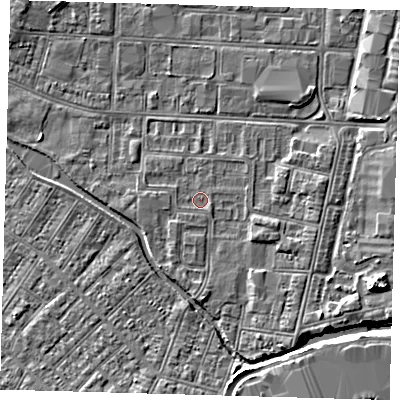 Shaded relief map of the ground around DN311XS, computed from Environment Agency LiDAR. The ground here sits at about 3 m above sea level and falls 6 m across the surrounding 800 m. Surface water reaching this point runs off ground lying to the south-east, 0.5 m higher.