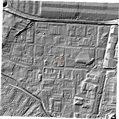 Shaded relief map of the ground around DN311XT, computed from Environment Agency LiDAR. The ground here sits at about 3 m above sea level and falls 5 m across the surrounding 800 m. The ground contributing surface water to this point lies to the east-north-east.