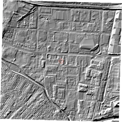 Shaded relief map of the ground around DN311XU, computed from Environment Agency LiDAR. The ground here sits at about 3 m above sea level and falls 6 m across the surrounding 800 m. Surface water reaching this point runs off ground lying to the south-south-east, 2.0 m higher.