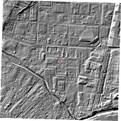 Shaded relief map of the ground around DN311XX, computed from Environment Agency LiDAR. The ground here sits at about 3 m above sea level and falls 6 m across the surrounding 800 m. Surface water reaching this point runs off ground lying to the south-south-east, 1.7 m higher.