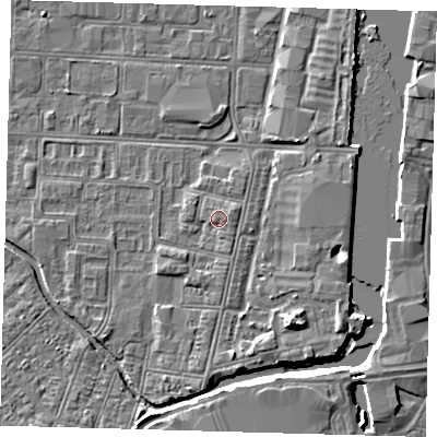 Shaded relief map of the ground around DN311XY, computed from Environment Agency LiDAR. The ground here sits at about 4 m above sea level and falls 6 m across the surrounding 800 m. Surface water reaching this point runs off ground lying to the east-north-east, 0.9 m higher.