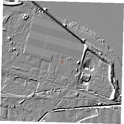 Shaded relief map of the ground around DN312AN, computed from Environment Agency LiDAR. The ground here sits at about 4 m above sea level and falls 8 m across the surrounding 800 m. The ground contributing surface water to this point lies to the north.