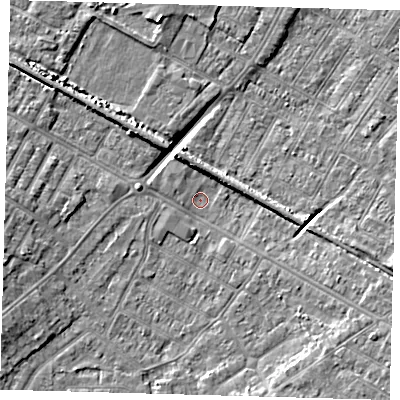 Shaded relief map of the ground around DN312BD, computed from Environment Agency LiDAR. The ground here sits at about 2 m above sea level and falls 7 m across the surrounding 800 m. Surface water reaching this point runs off ground lying to the west-south-west, 3.2 m higher.
