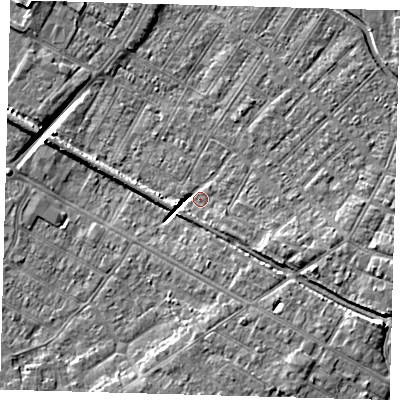 Shaded relief map of the ground around DN312DB, computed from Environment Agency LiDAR. The ground here sits at about 4 m above sea level and falls 8 m across the surrounding 800 m. Surface water reaching this point runs off ground lying to the south-east, 6.8 m higher.