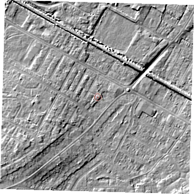 Shaded relief map of the ground around DN312DD, computed from Environment Agency LiDAR. The ground here sits at about 4 m above sea level and falls 9 m across the surrounding 800 m. Surface water reaching this point runs off ground lying to the south-west, 5.1 m higher.
