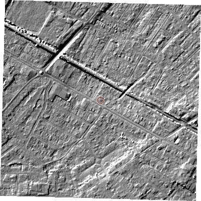 Shaded relief map of the ground around DN312DF, computed from Environment Agency LiDAR. The ground here sits at about 3 m above sea level and falls 8 m across the surrounding 800 m. Surface water reaching this point runs off ground lying to the east-south-east, 2.5 m higher.