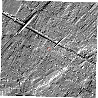 Shaded relief map of the ground around DN312DP, computed from Environment Agency LiDAR. The ground here sits at about 3 m above sea level and falls 8 m across the surrounding 800 m. Surface water reaching this point runs off ground lying to the east-south-east, 2.5 m higher.