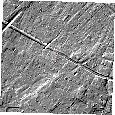 Shaded relief map of the ground around DN312DR, computed from Environment Agency LiDAR. The ground here sits at about 4 m above sea level and falls 8 m across the surrounding 800 m. Surface water reaching this point runs off ground lying to the east-south-east, 3.4 m higher.