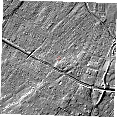 Shaded relief map of the ground around DN312DT, computed from Environment Agency LiDAR. The ground here sits at about 4 m above sea level and falls 10 m across the surrounding 800 m. Surface water reaching this point runs off ground lying to the south-south-east, 2.1 m higher.
