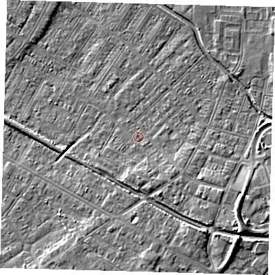 Shaded relief map of the ground around DN312DU, computed from Environment Agency LiDAR. The ground here sits at about 4 m above sea level and falls 10 m across the surrounding 800 m. Surface water reaching this point runs off ground lying to the south, 2.5 m higher.