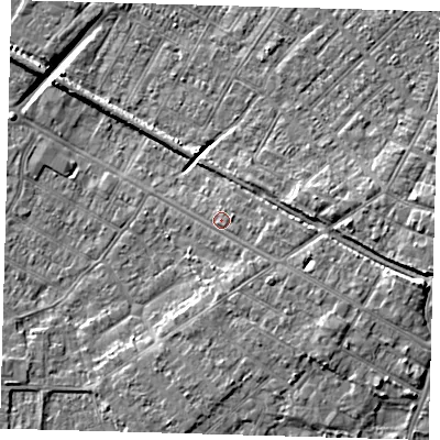 Shaded relief map of the ground around DN312DW, computed from Environment Agency LiDAR. The ground here sits at about 5 m above sea level and falls 8 m across the surrounding 800 m. Surface water reaching this point runs off ground lying to the south-east, 2.7 m higher.