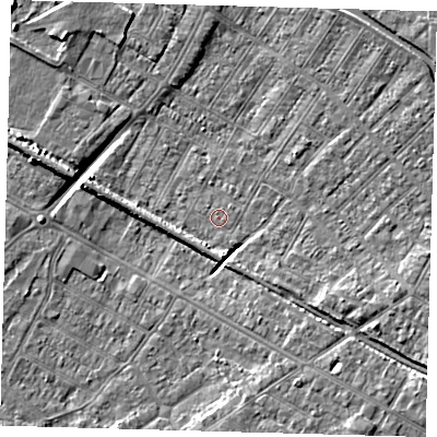Shaded relief map of the ground around DN312ED, computed from Environment Agency LiDAR. The ground here sits at about 3 m above sea level and falls 8 m across the surrounding 800 m. The ground contributing surface water to this point lies to the south-south-east.