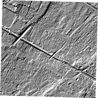 Shaded relief map of the ground around DN312EF, computed from Environment Agency LiDAR. The ground here sits at about 3 m above sea level and falls 8 m across the surrounding 800 m. Surface water reaching this point runs off ground lying to the south-south-east, 2.3 m higher.