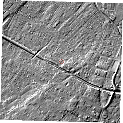 Shaded relief map of the ground around DN312ER, computed from Environment Agency LiDAR. The ground here sits at about 4 m above sea level and falls 10 m across the surrounding 800 m. Surface water reaching this point runs off ground lying to the south-south-east, 2.2 m higher.