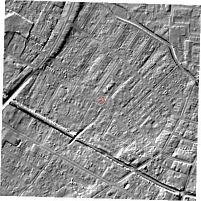 Shaded relief map of the ground around DN312ET, computed from Environment Agency LiDAR. The ground here sits at about 3 m above sea level and falls 8 m across the surrounding 800 m. Surface water reaching this point runs off ground lying to the south-east, 6.8 m higher.