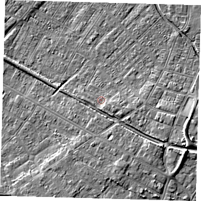 Shaded relief map of the ground around DN312EZ, computed from Environment Agency LiDAR. The ground here sits at about 4 m above sea level and falls 10 m across the surrounding 800 m. Surface water reaching this point runs off ground lying to the south-east, 2.1 m higher.