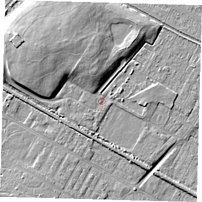 Shaded relief map of the ground around DN312FB, computed from Environment Agency LiDAR. The ground here sits at about 4 m above sea level and falls 12 m across the surrounding 800 m. Surface water reaching this point runs off ground lying to the north-north-west, 5.6 m higher.