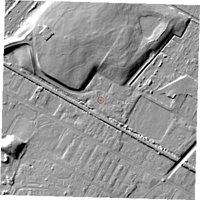 Shaded relief map of the ground around DN312FF, computed from Environment Agency LiDAR. The ground here sits at about 4 m above sea level and falls 14 m across the surrounding 800 m. Surface water reaching this point runs off ground lying to the west-north-west, 9.8 m higher.