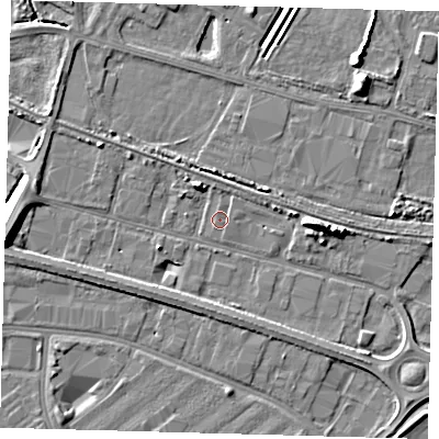 Shaded relief map of the ground around DN312FH, computed from Environment Agency LiDAR. The ground here sits at about 3 m above sea level and falls 9 m across the surrounding 800 m. Surface water reaching this point runs off ground lying to the west, 8.1 m higher.
