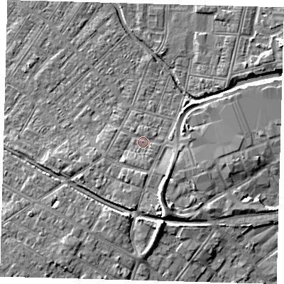 Shaded relief map of the ground around DN312HB, computed from Environment Agency LiDAR. The ground here sits at about 5 m above sea level and falls 8 m across the surrounding 800 m. Surface water reaching this point runs off ground lying to the south, 1.2 m higher.