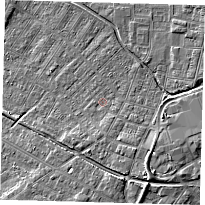 Shaded relief map of the ground around DN312HD, computed from Environment Agency LiDAR. The ground here sits at about 4 m above sea level and falls 10 m across the surrounding 800 m. Surface water reaching this point runs off ground lying to the south, 1.9 m higher.